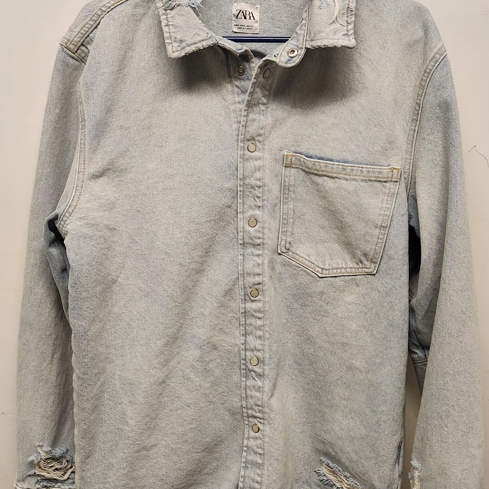 Zara Destressed Faded Blue Denim Shirt